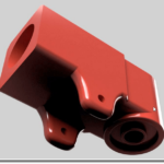 Rendered image of valve block with ridges and holes for mounting pivoting plate